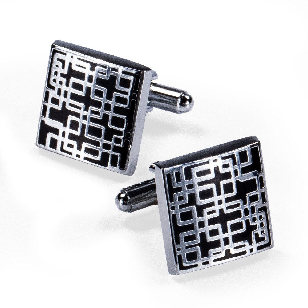 Silver Squares In Black Tie Clip and Cufflinks