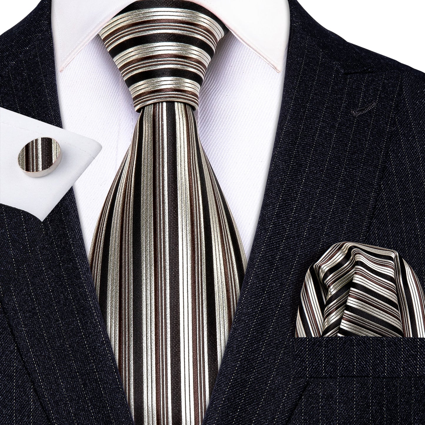 Luxury Tricolor Stripes Silk Tie, Pocket Square and Cufflinks