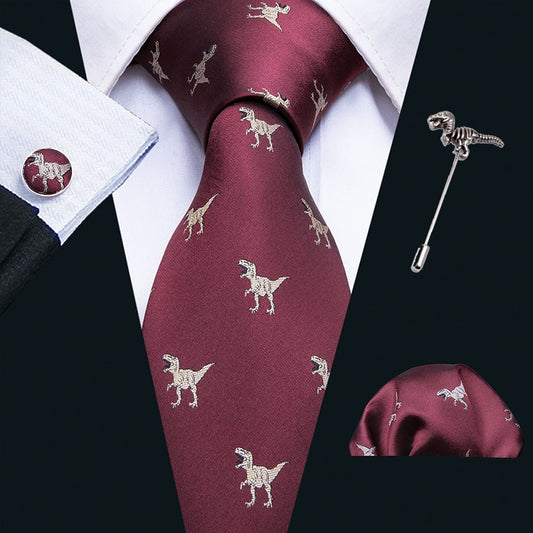 Burgundy Dinosaur Silk Tie Set