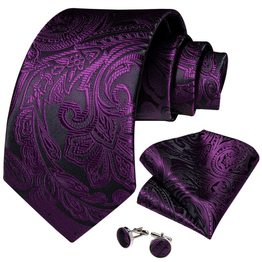 Purple Floral In Black Silk Tie Set