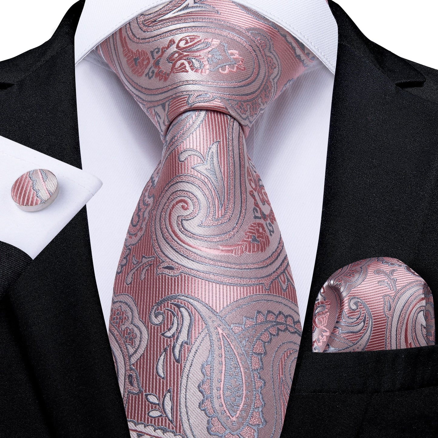 Silver and Gray Floral In Pink Paisley Tie Set