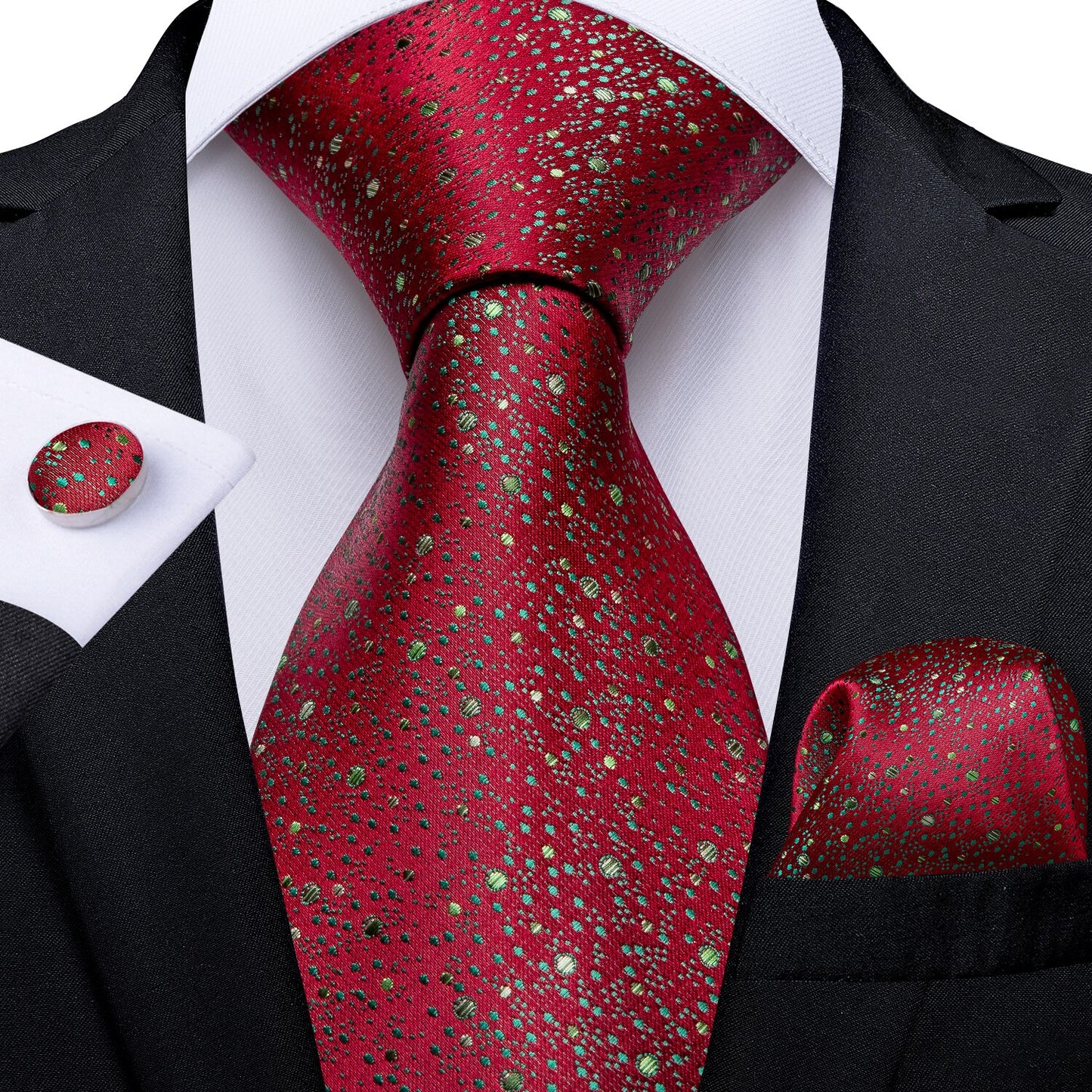 Sparkling Red Silk Tie, Pocket Square and Cufflinks