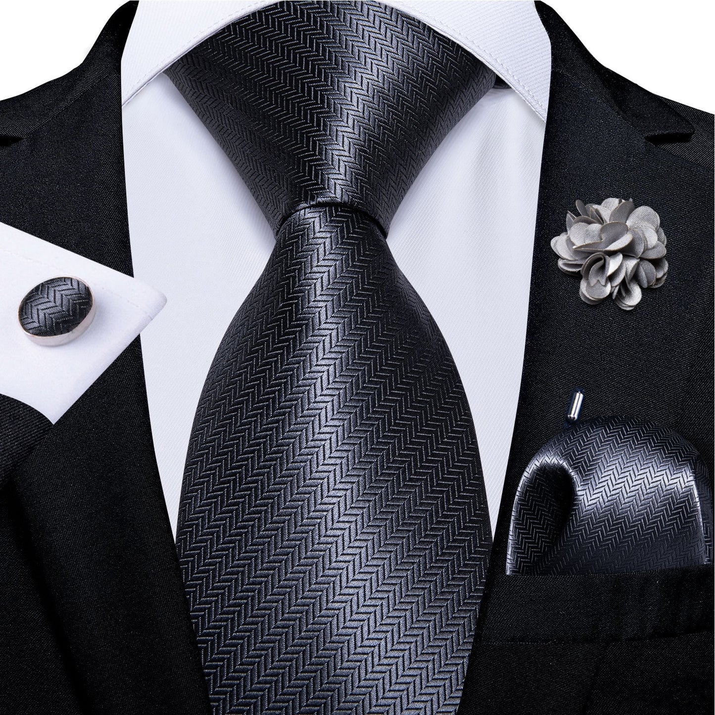 Classic Gray Silk Tie Set with Free Brooch