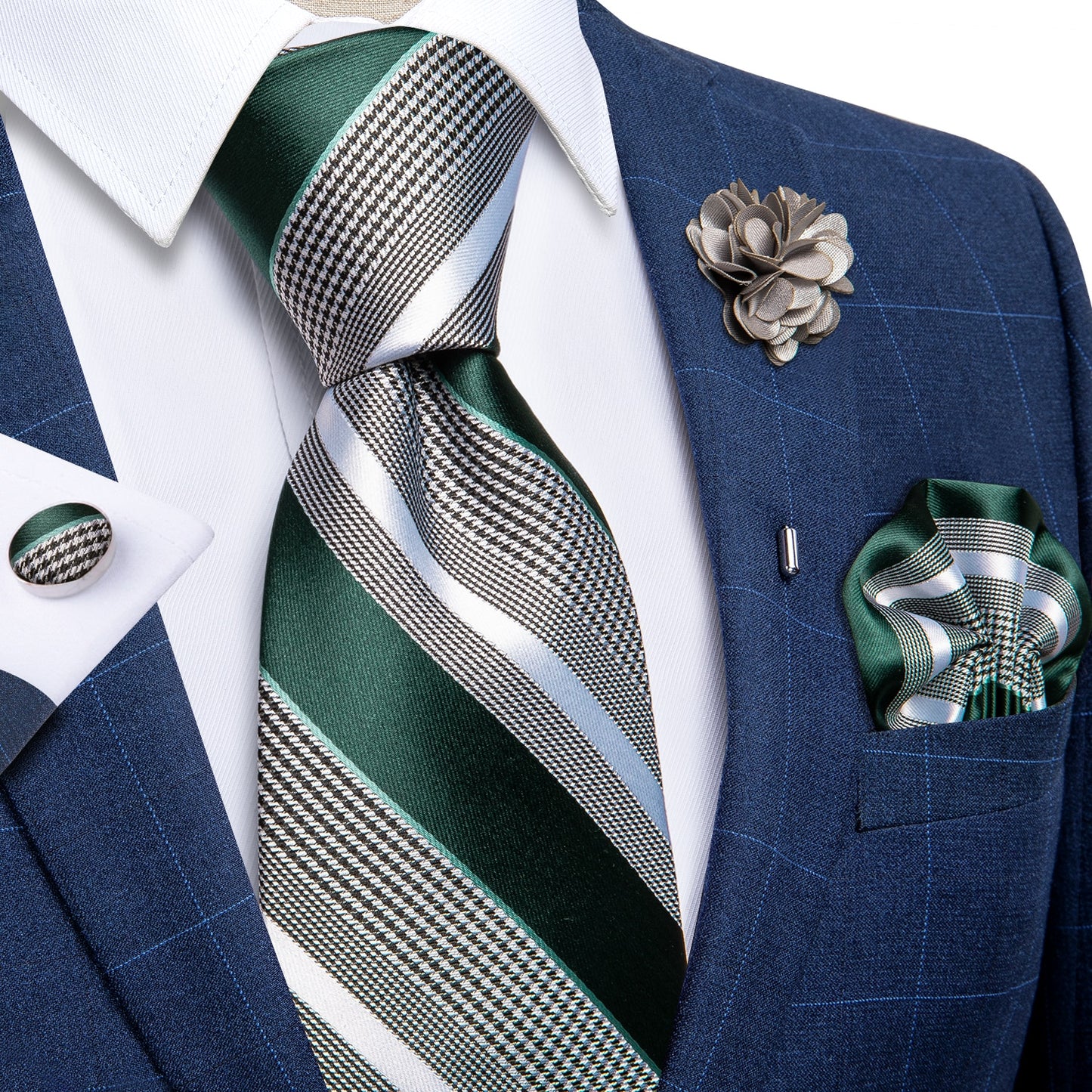 Green Stripes Silk Tie Set with Brooch