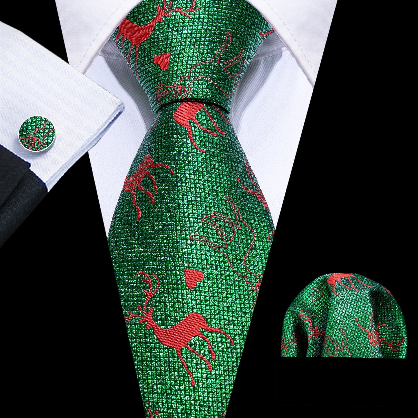 Red Reindeer In Green Silk Tie Set