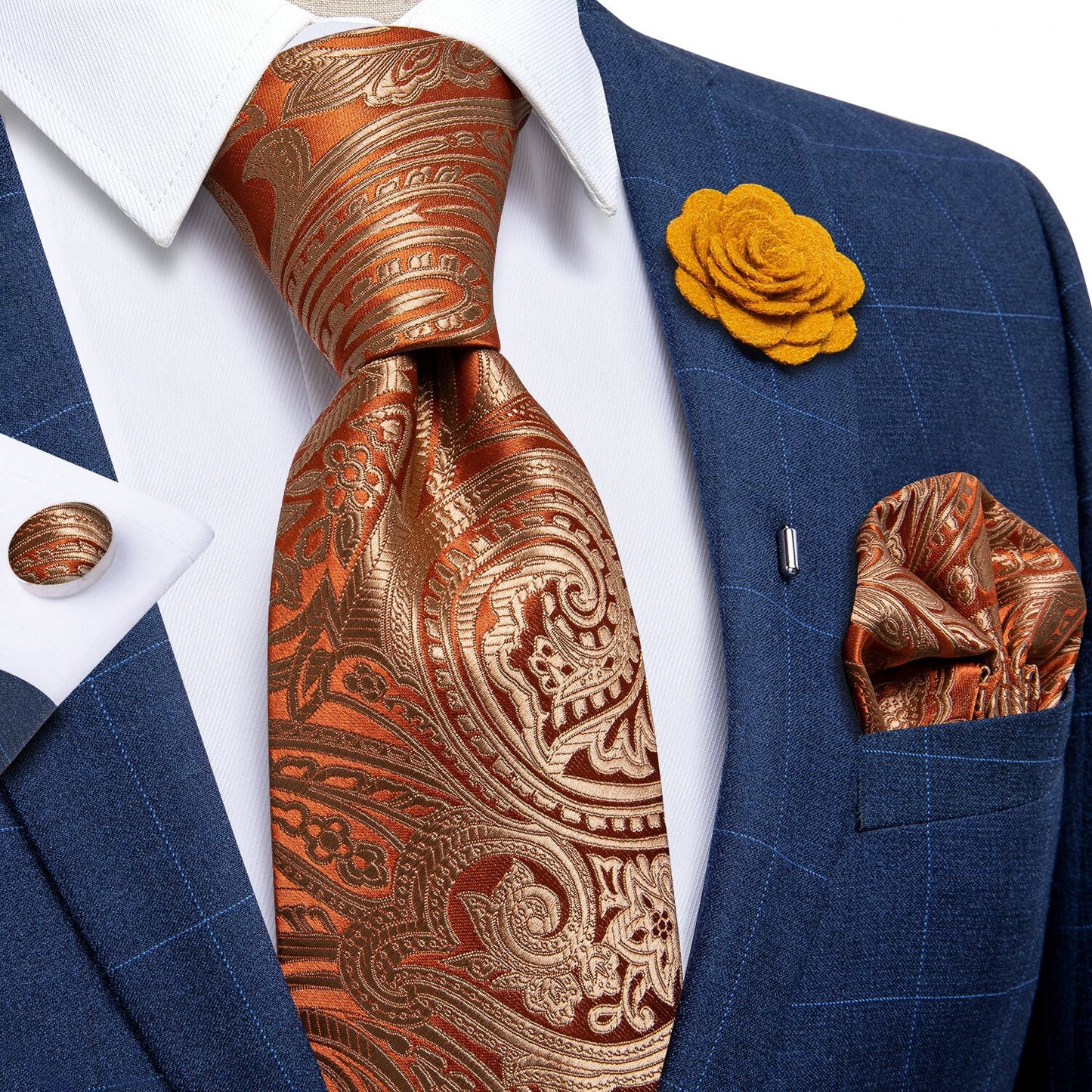 Rusty Orange Floral Paisley Tie Set with Brooch