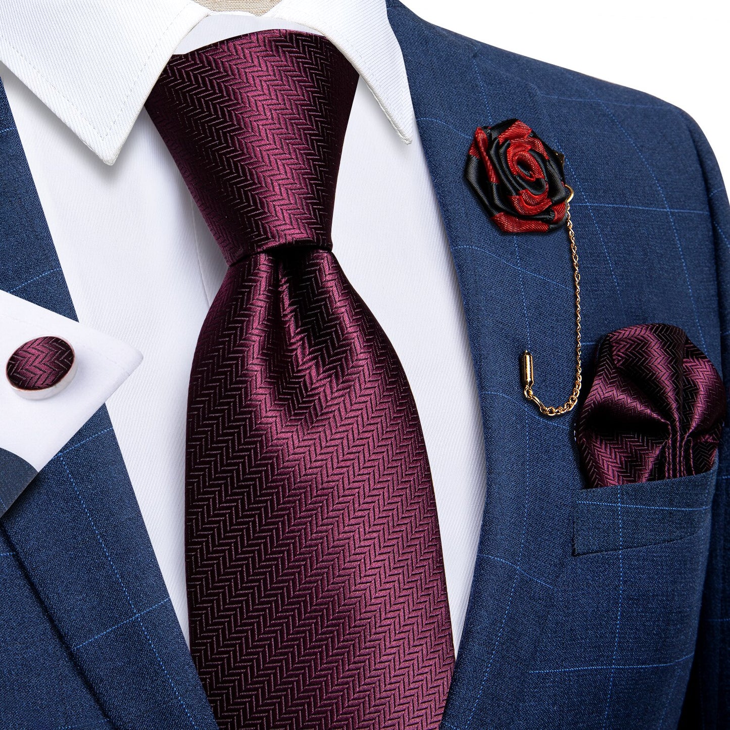 Dark Wine Red Silk Tie Set with Brooch