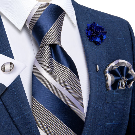 Blue Stripes Silk Tie Set with Brooch