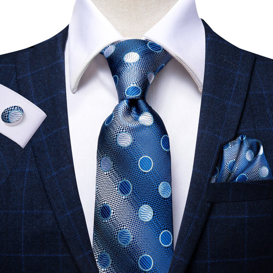 Faded Blue Polk Dots Silk Tie Set