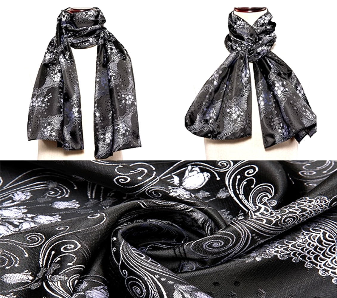 White Floral In Black Paisley Silk Scarf and Tie