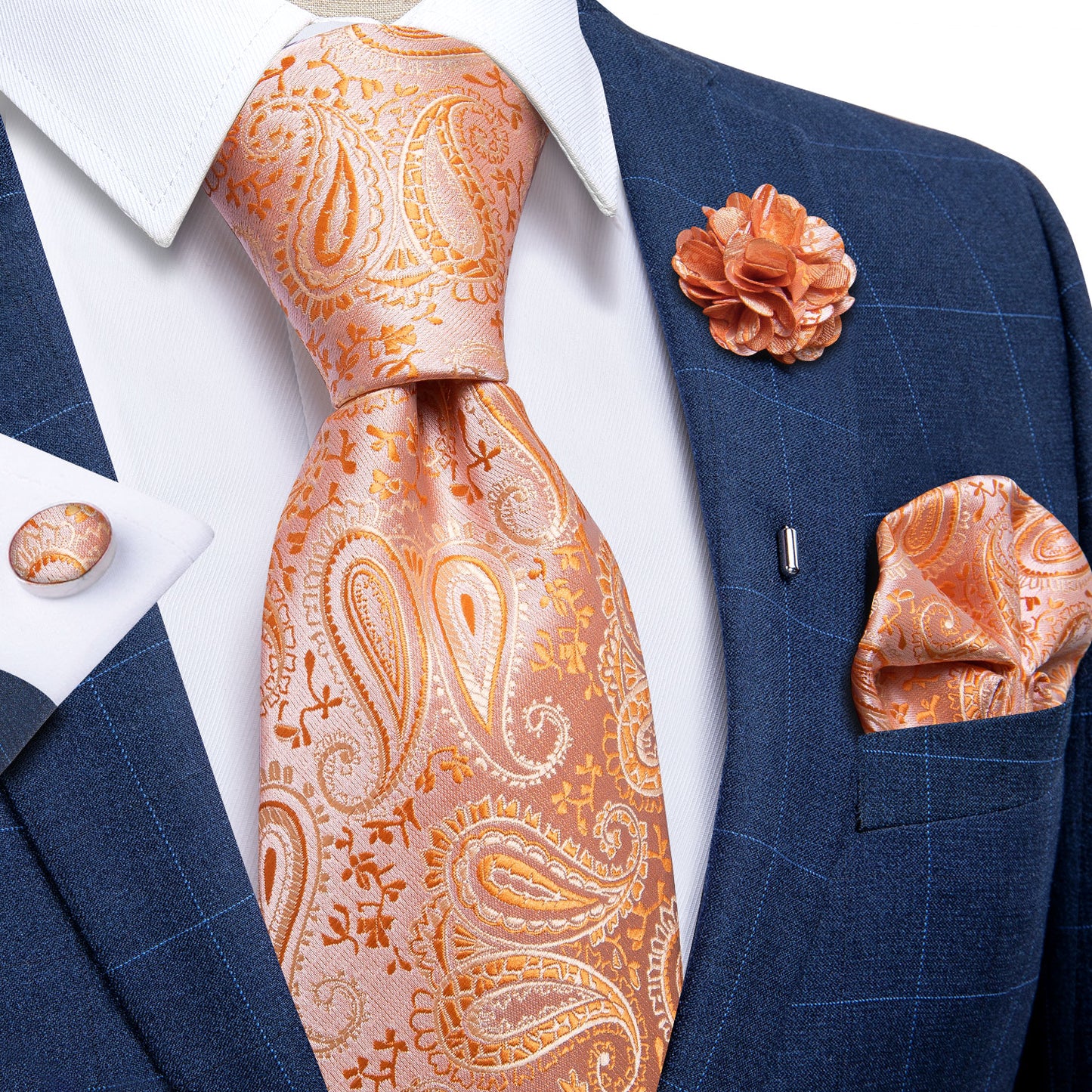 Peach Silk Tie Set with Brooch