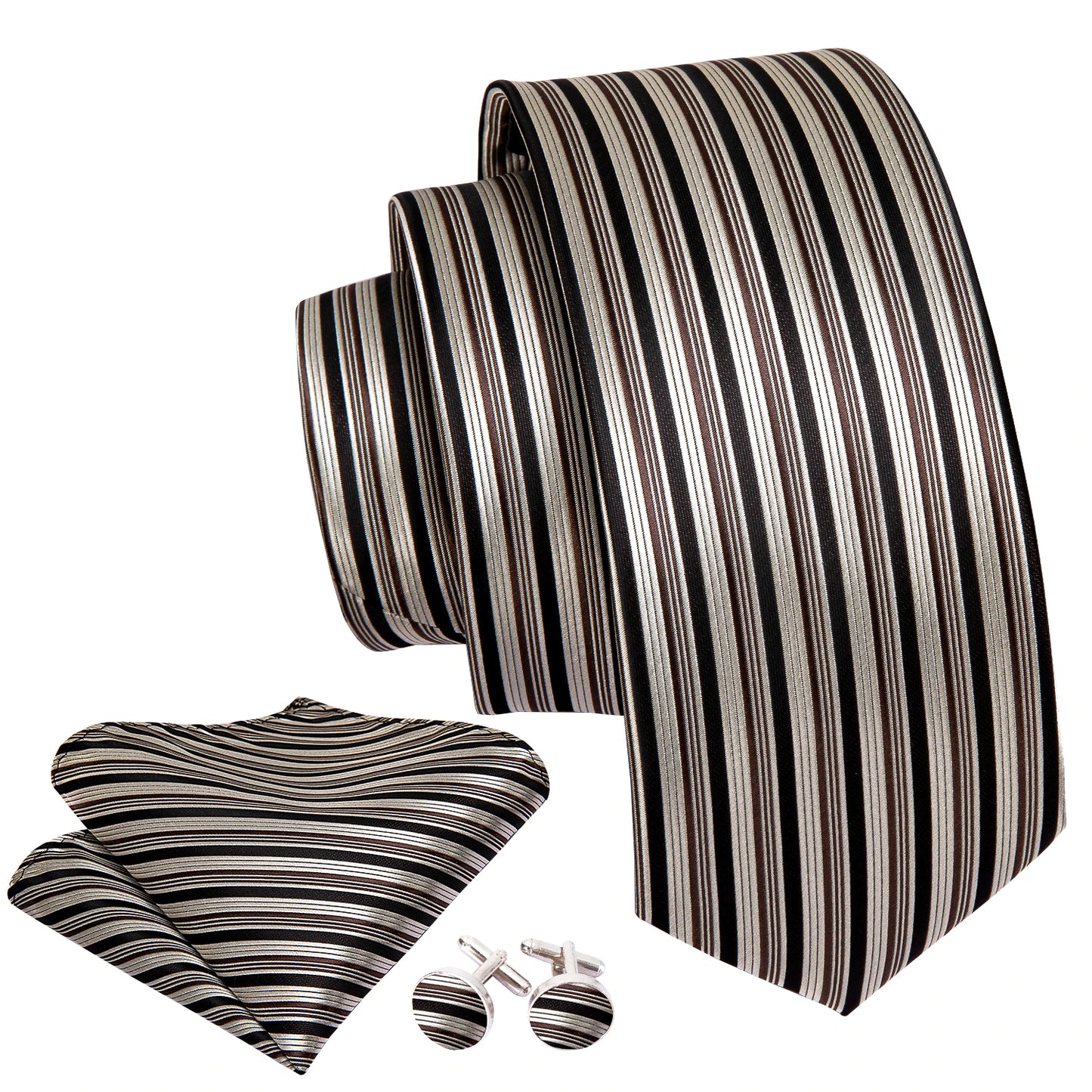 Luxury Tricolor Stripes Silk Tie, Pocket Square and Cufflinks