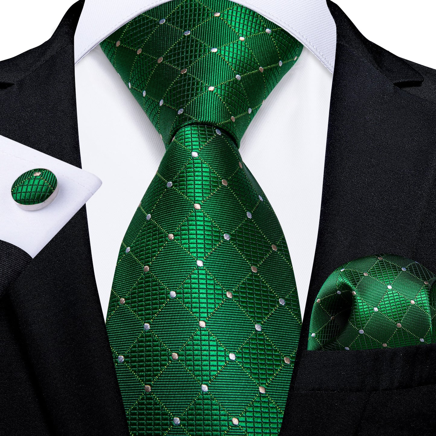 White Polkadots In Green Silk Tie Set