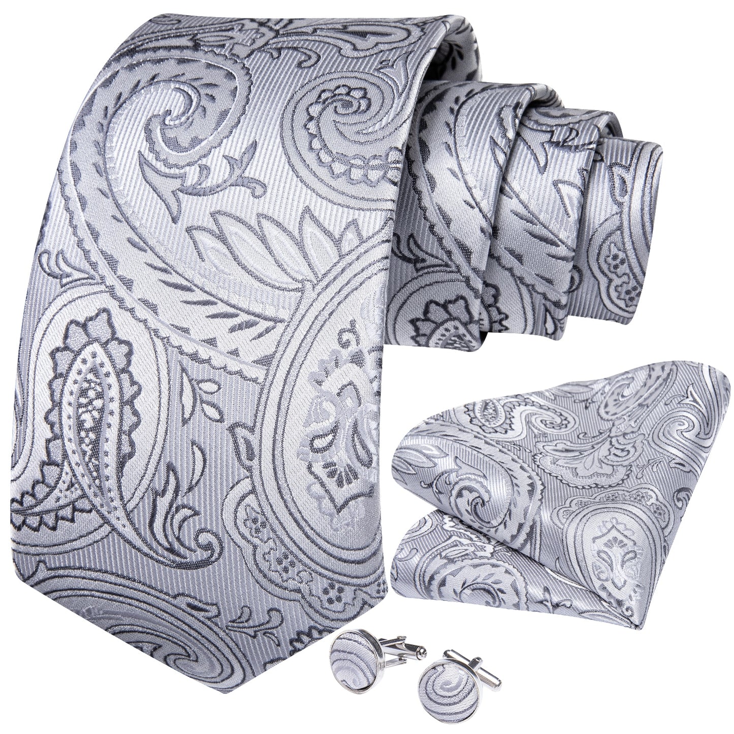 Silver Floral In White Paisley Tie Set