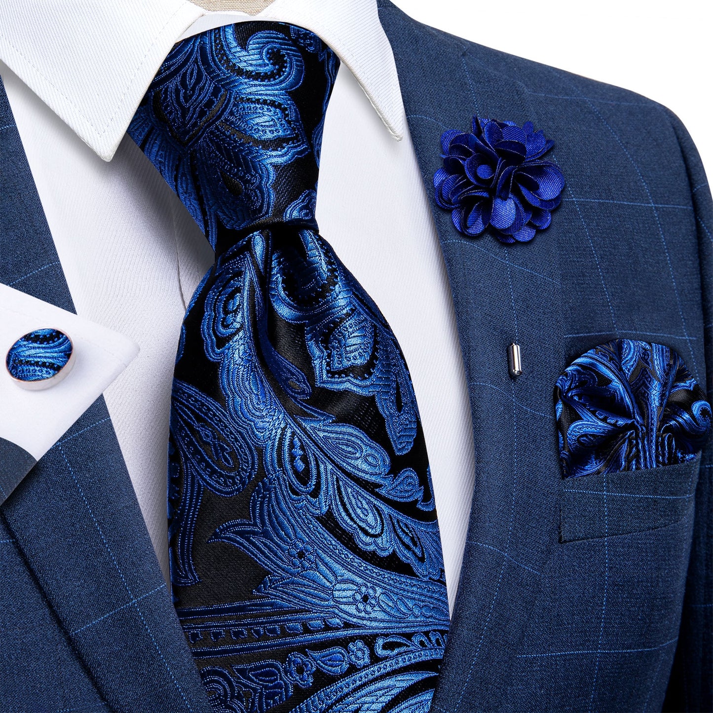 Blue Floral In Black Tie Set with Brooch