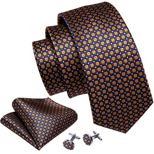 Premium Tiny Square Gold and Blue Tie Set