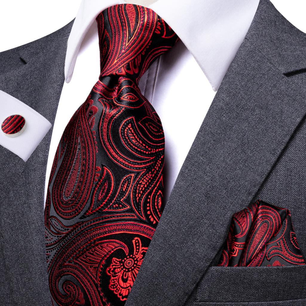 Premium Red Floral In Black Silk XL Tie Set