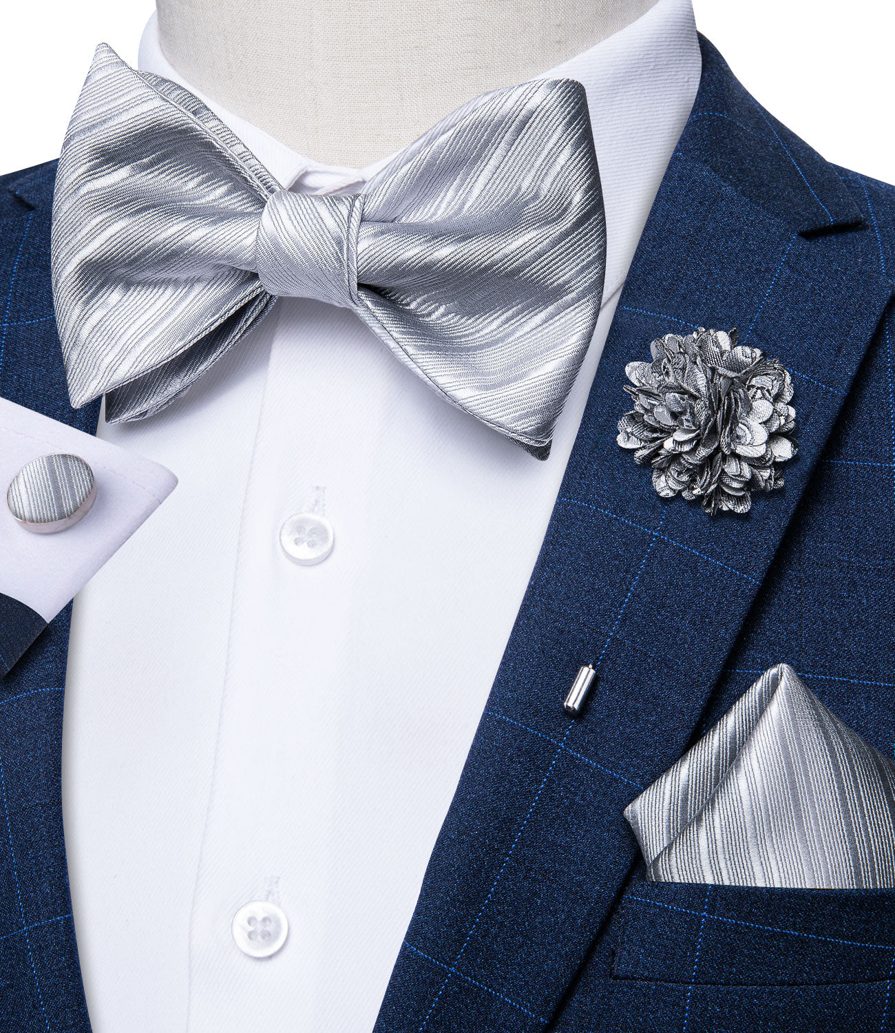 Silver Gray Lines Bowtie with Brooch