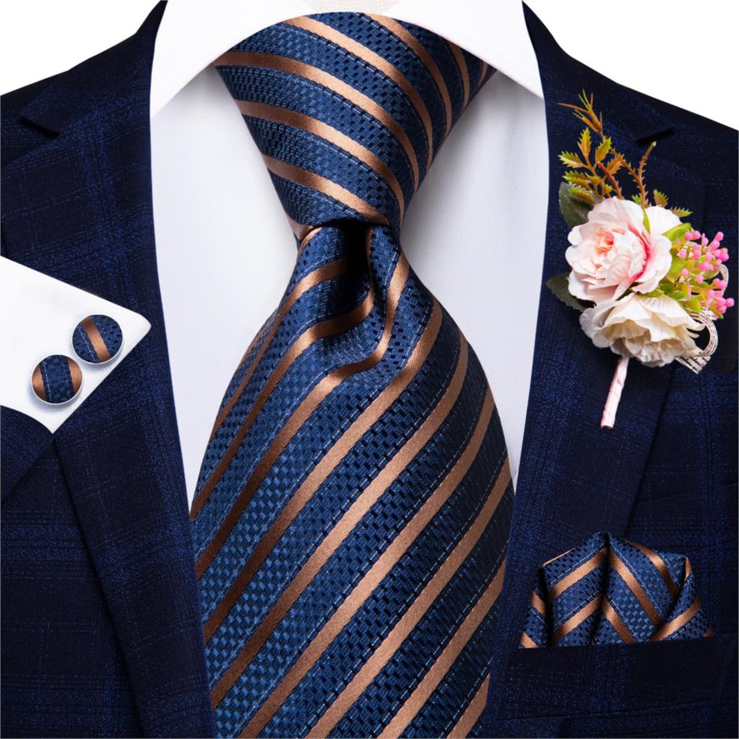 Gold Lines In Blue Silk Tie Set