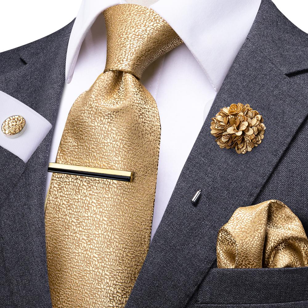 Shimmering Gold Silk Tie Set with Brooch and Tie Clip