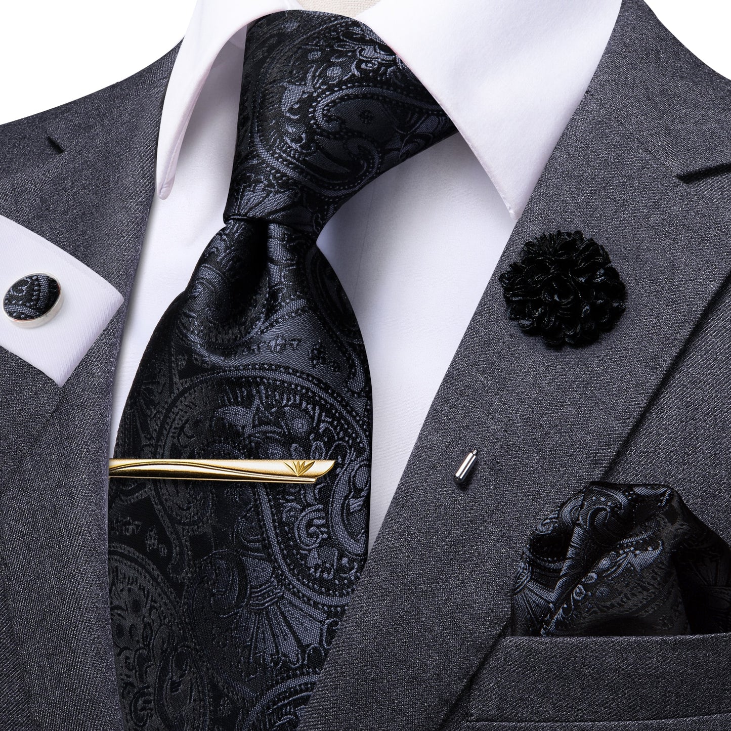 Black Floral Paisley Tie Set with Brooch and Tie Clip