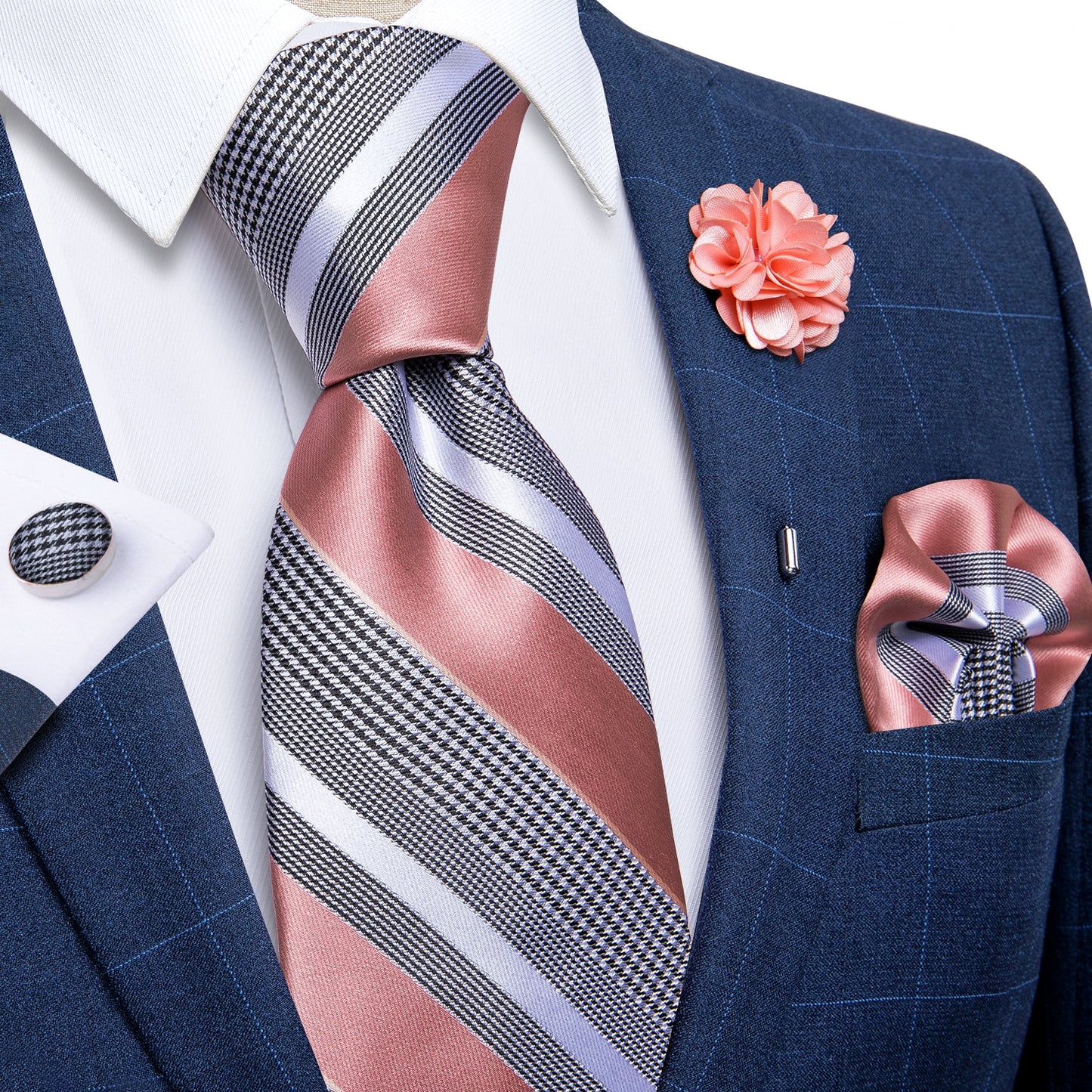 Pink Stripes Silk Tie Set with Brooch