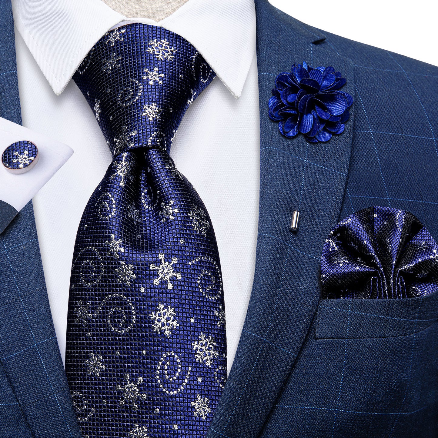 Silver Blue Snowflakes Silk Tie Set