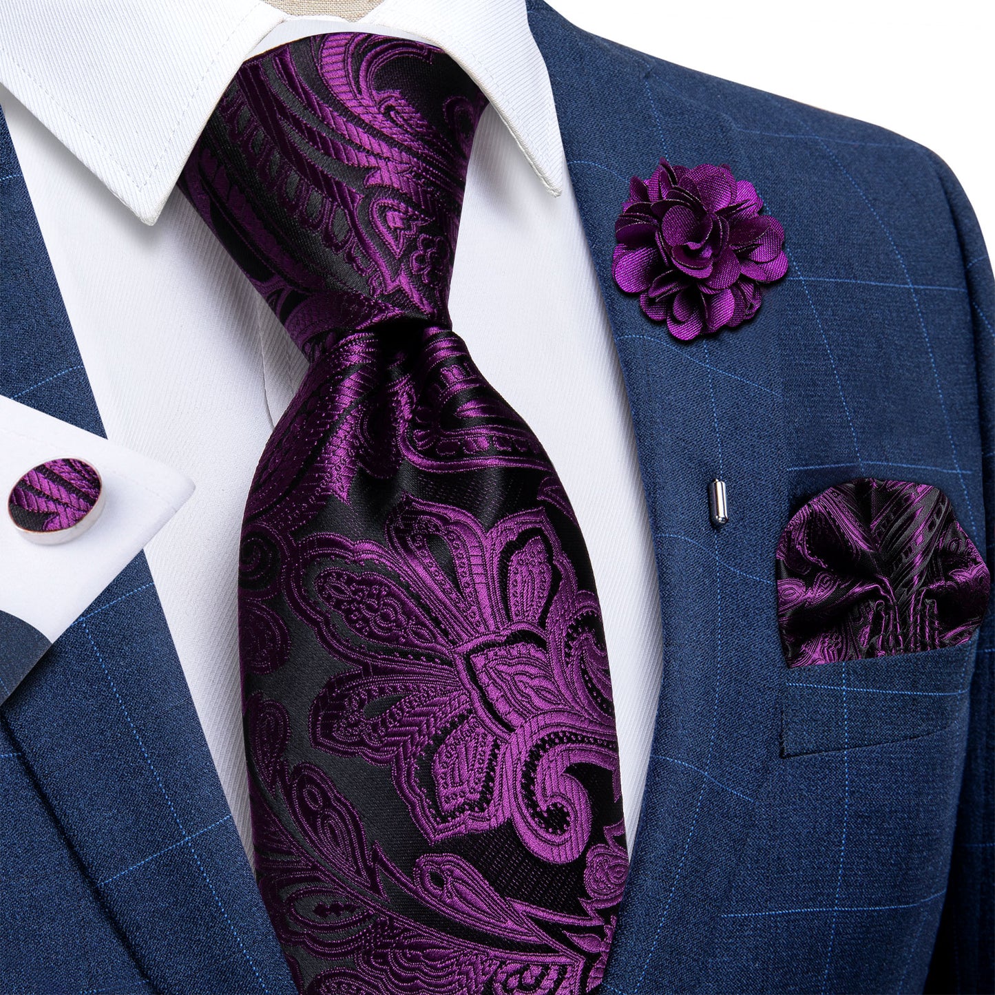 Purple Flower Silk Tie Set with