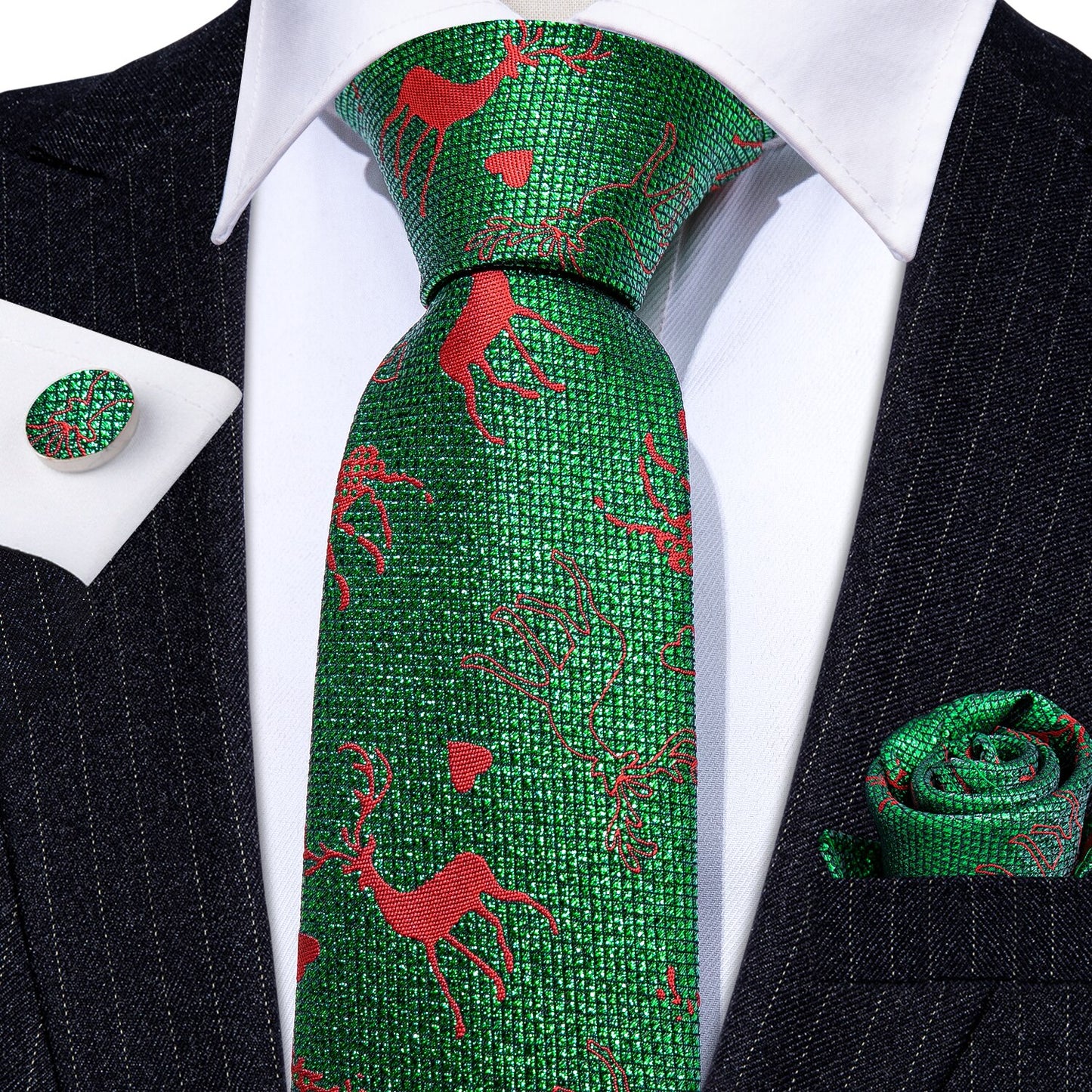 Red Reindeer In Green Silk Tie Set