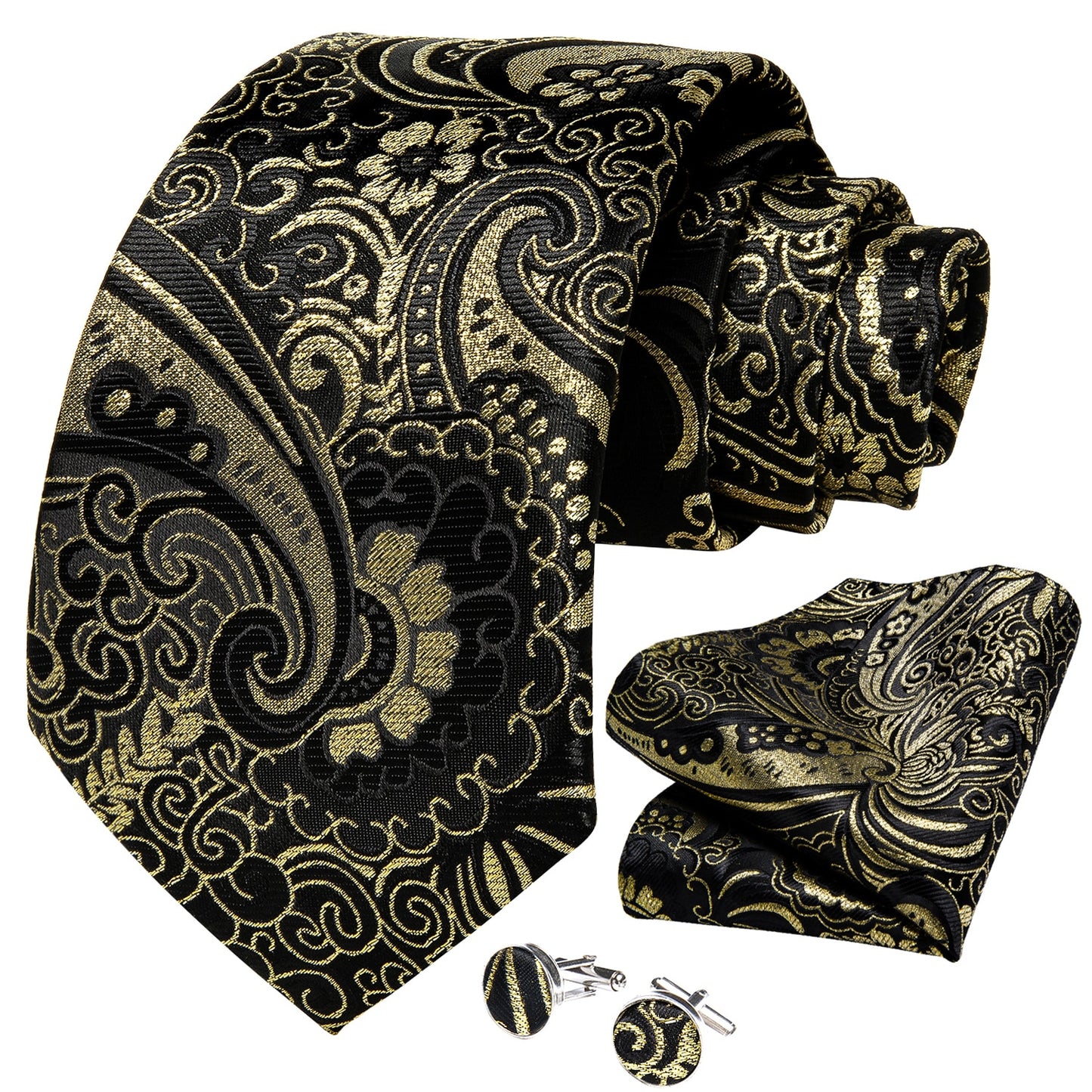 Gold Floral In Black Paisley Tie Set with Brooch