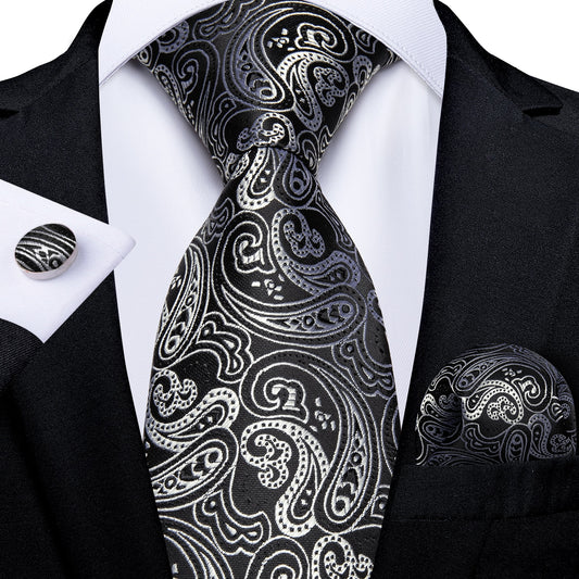 Silver Floral In Black Paisley Tie Set