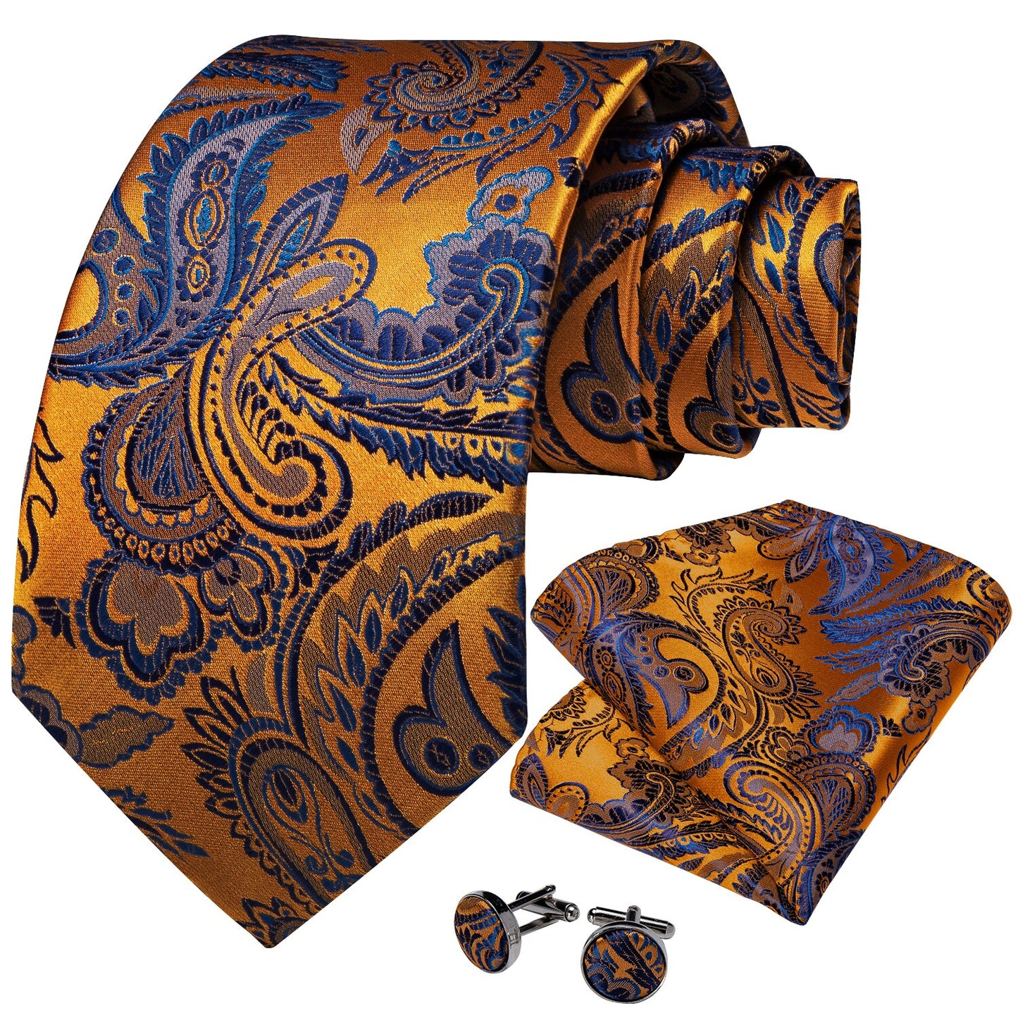 Premium Blue Floral In Yellow Gold Tie Set with Brooch