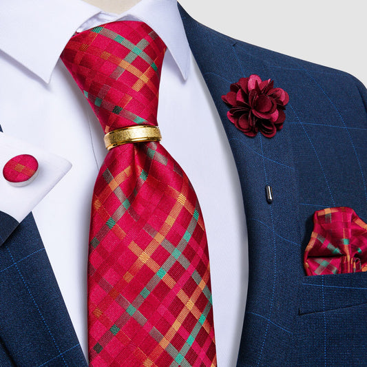 Colorful Checkered Tie Set with Tie Ring and Brooch