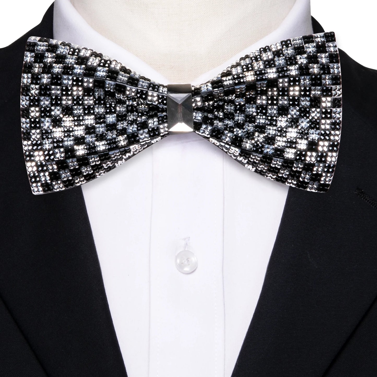 Black and White Checkered Crystal Bow Tie