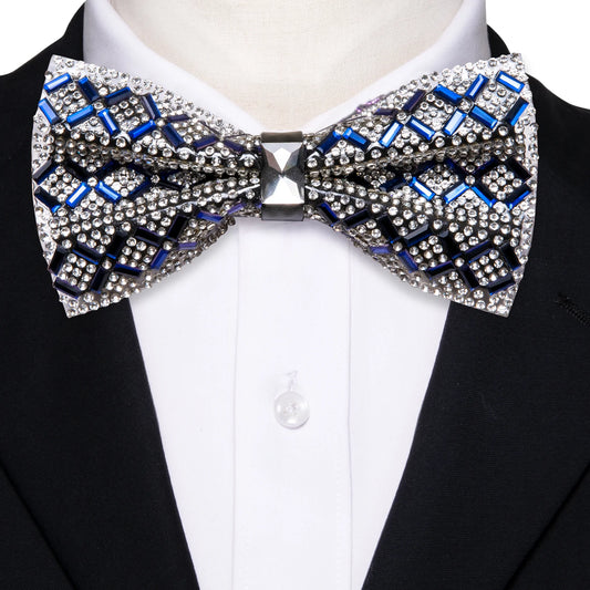 White Rhinestone with Blue Crystal Bow Tie