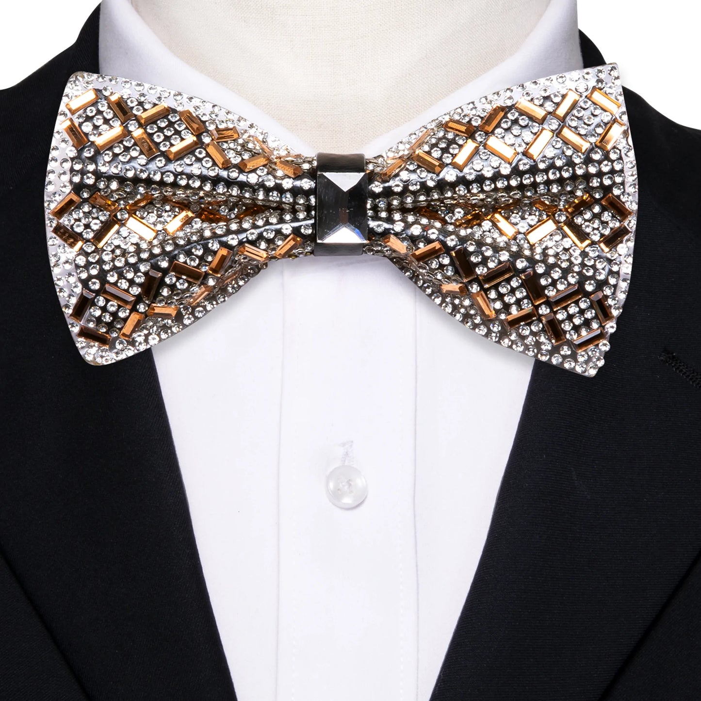 White Rhinestone with Gold Crystal Bow Tie