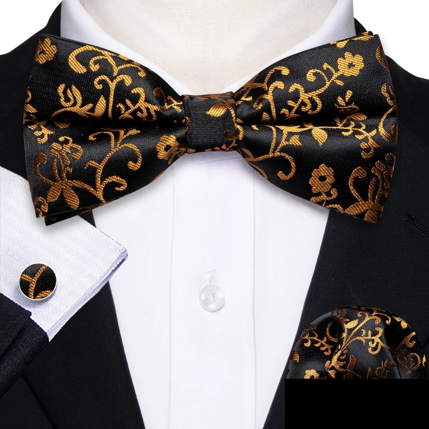 Gold Floral In Black Silk Bowtie