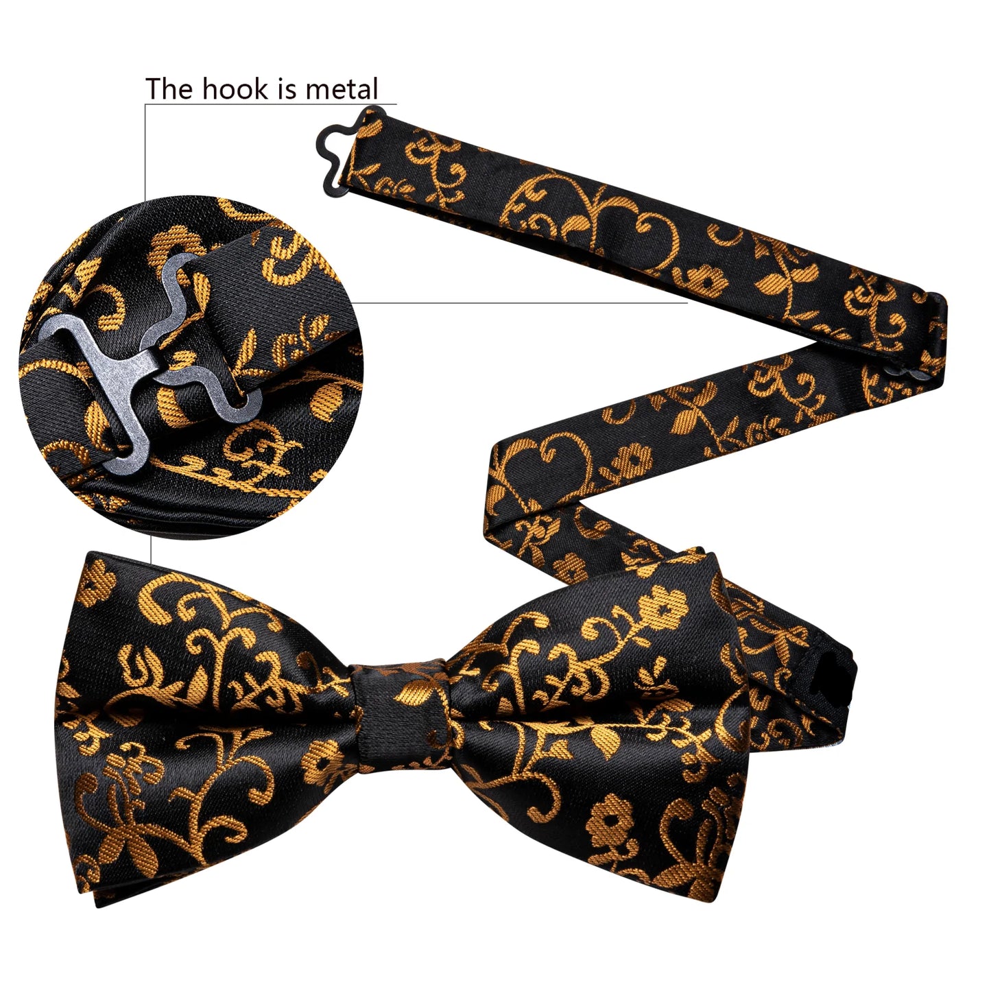 Gold Floral In Black Silk Bowtie