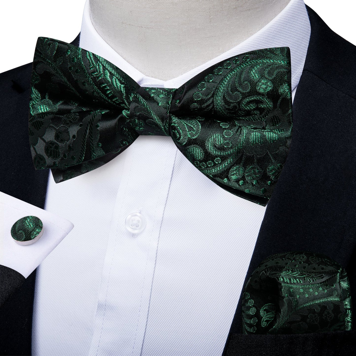 Luxury Green Floral In Black Bow Tie Set