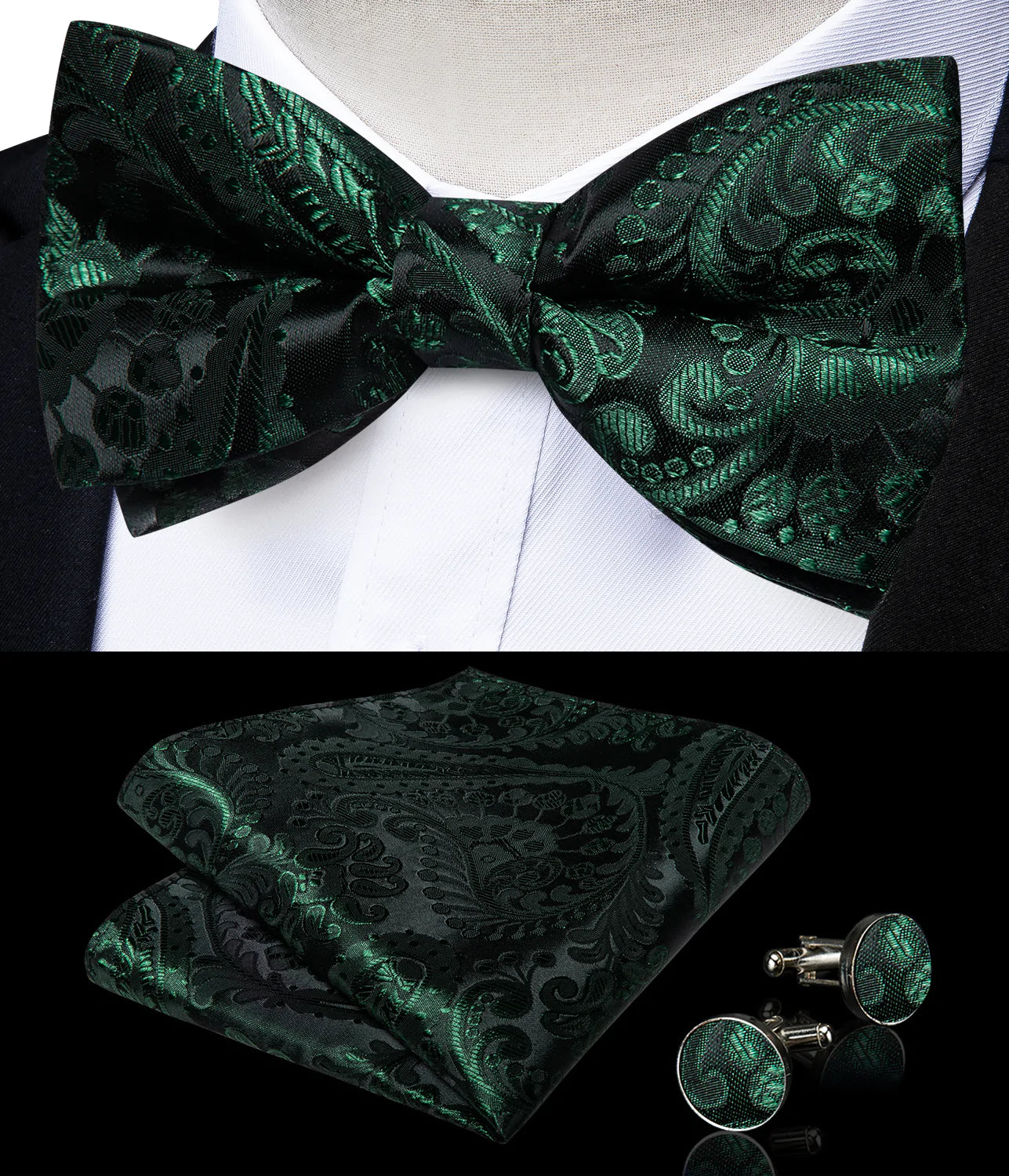 Luxury Green Floral In Black Bow Tie Set