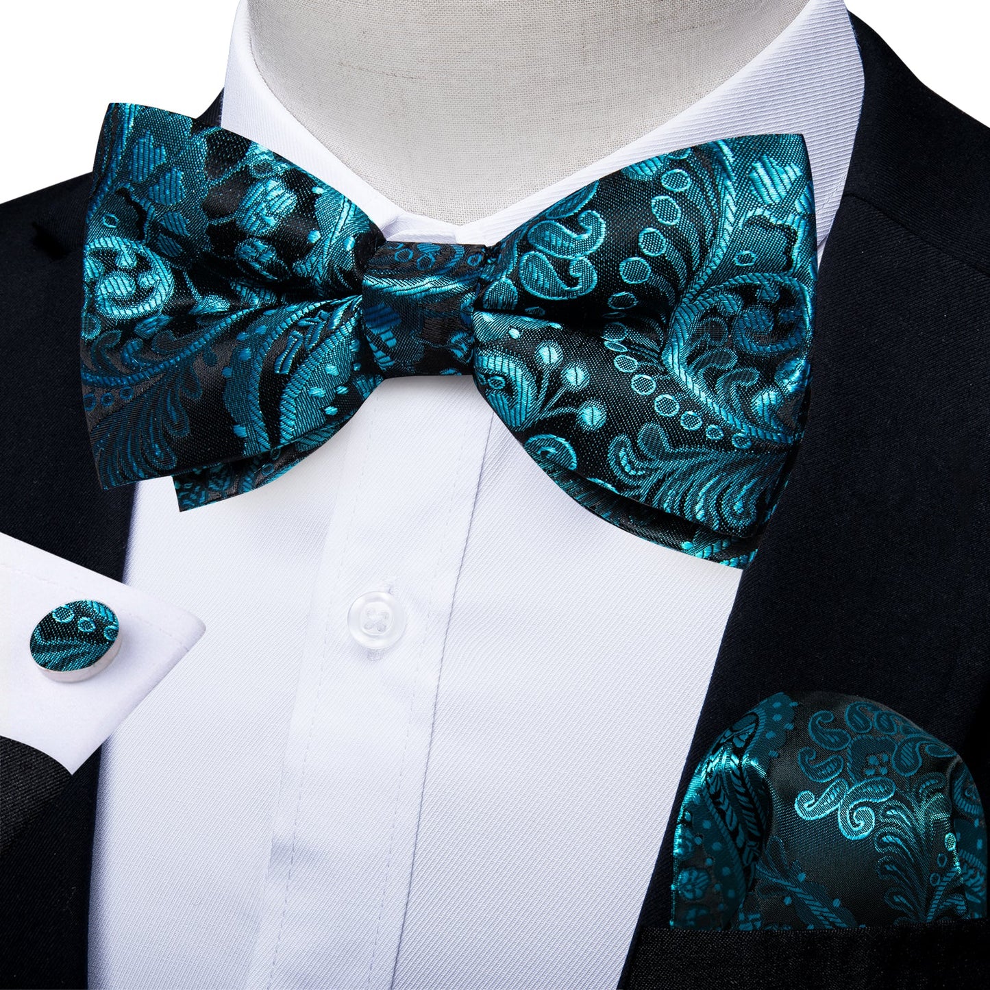 Luxury Turquoise Floral In Black Bow Tie Set