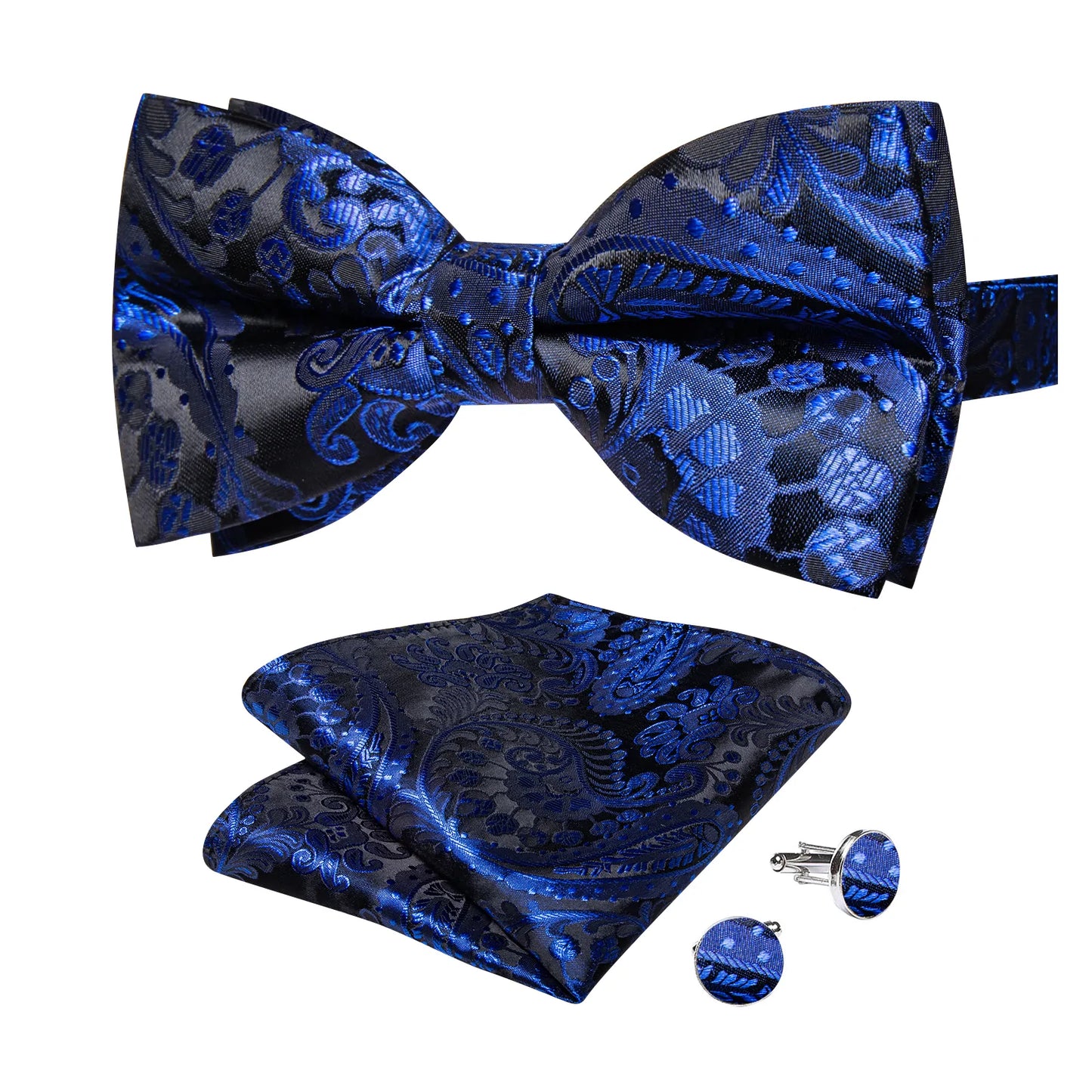 Luxury Blue Floral In Black Bow Tie Set