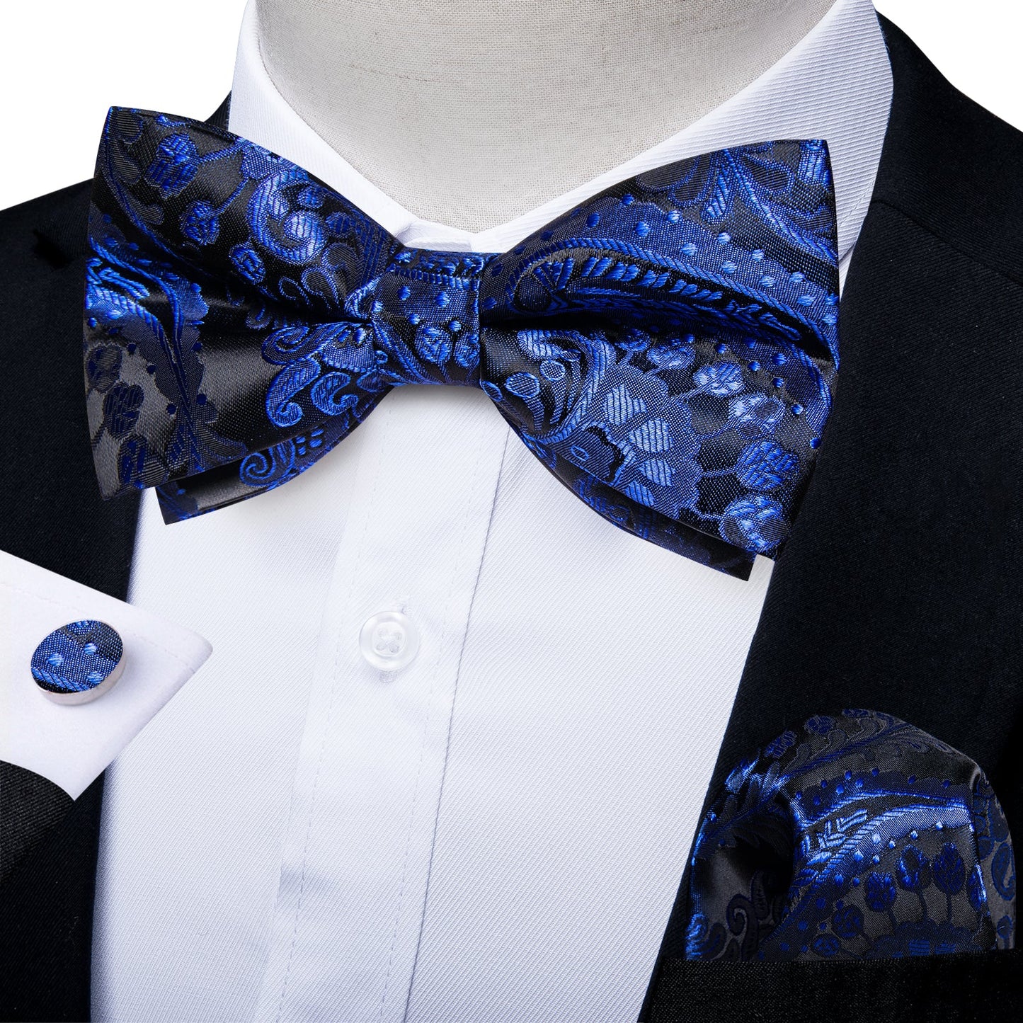 Luxury Blue Floral In Black Bow Tie Set