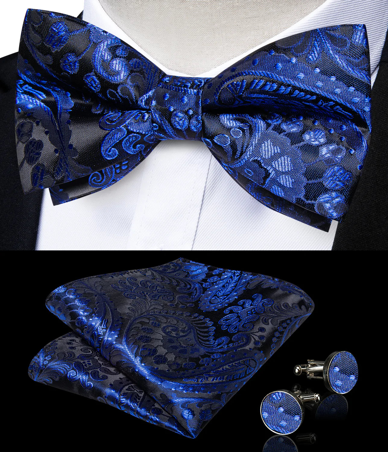 Luxury Blue Floral In Black Bow Tie Set