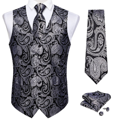 Silver Floral In Black Vest Set