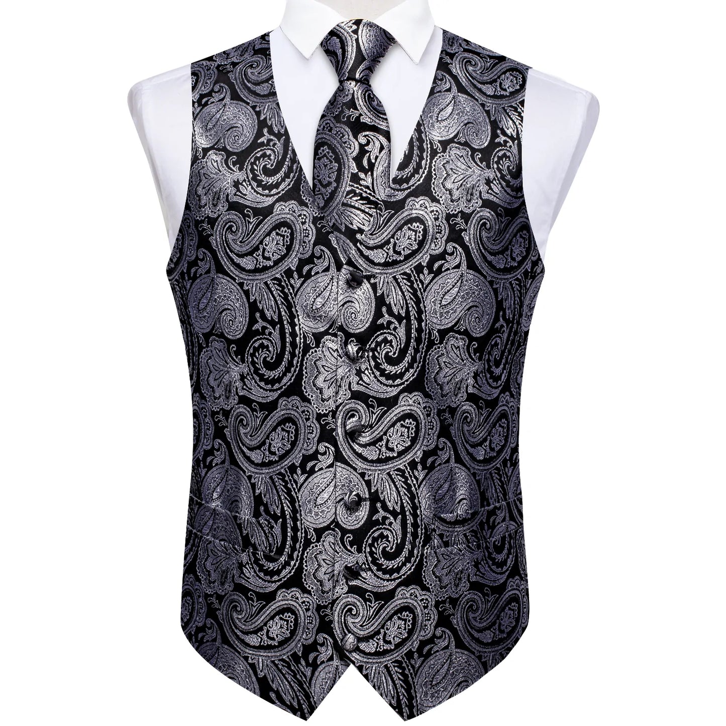 Silver Floral In Black Vest Set