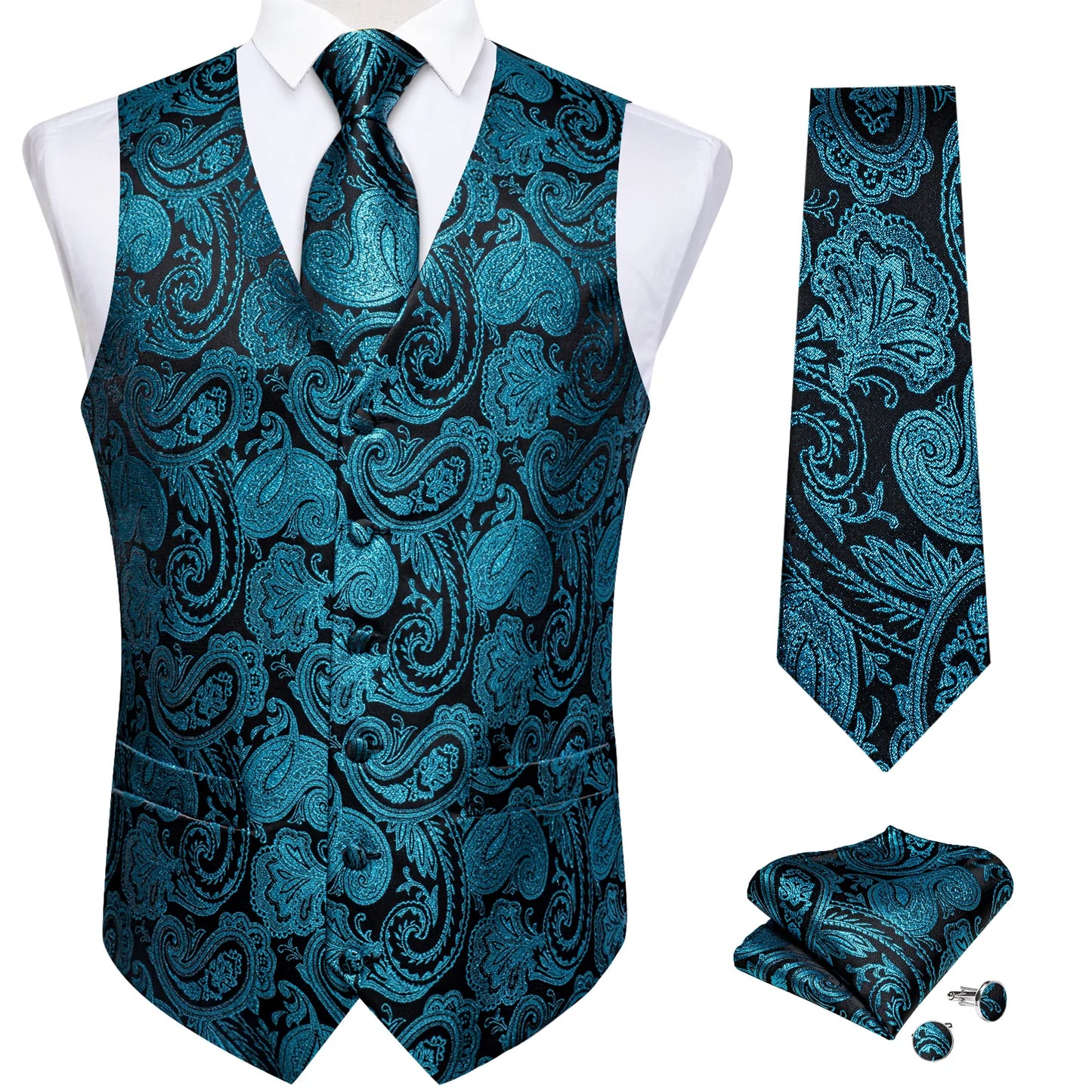 Turquoise Floral In Black Vest Set