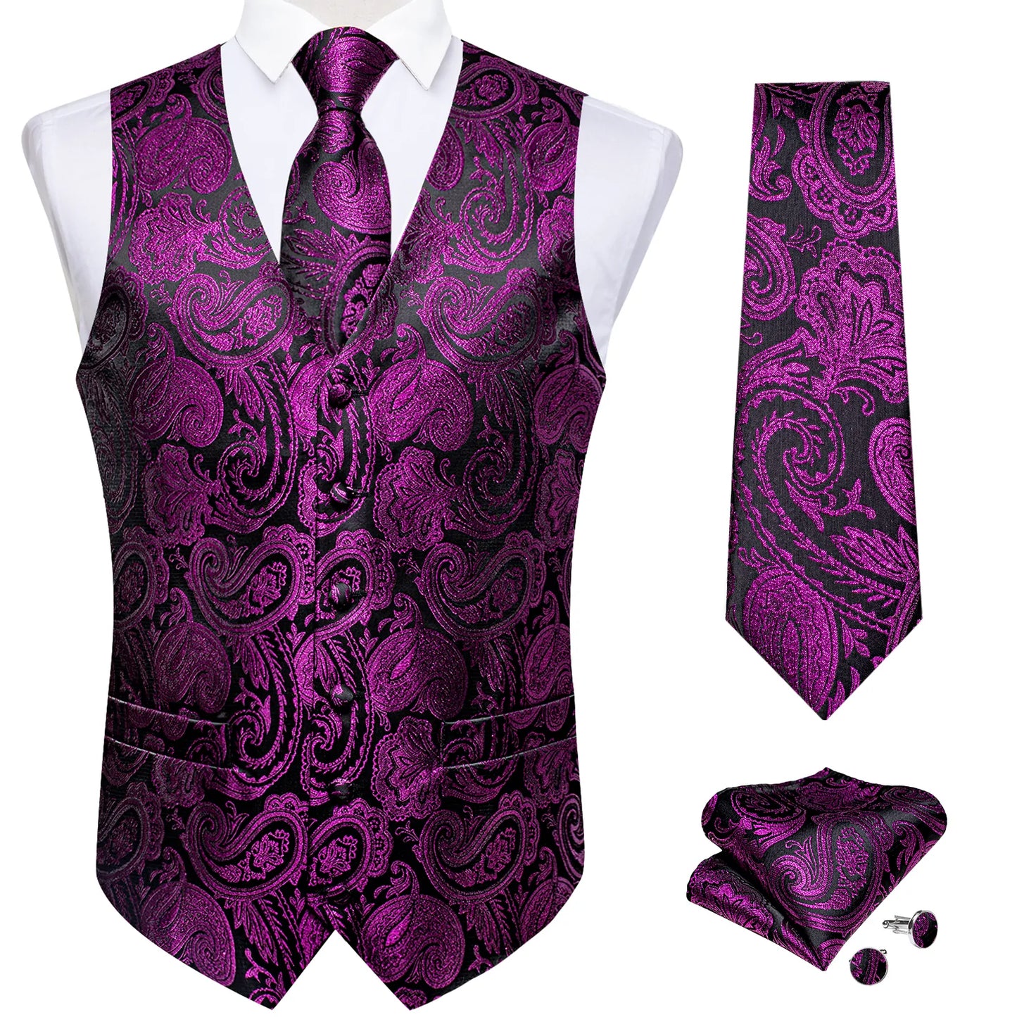 Purple Floral In Black Vest Set