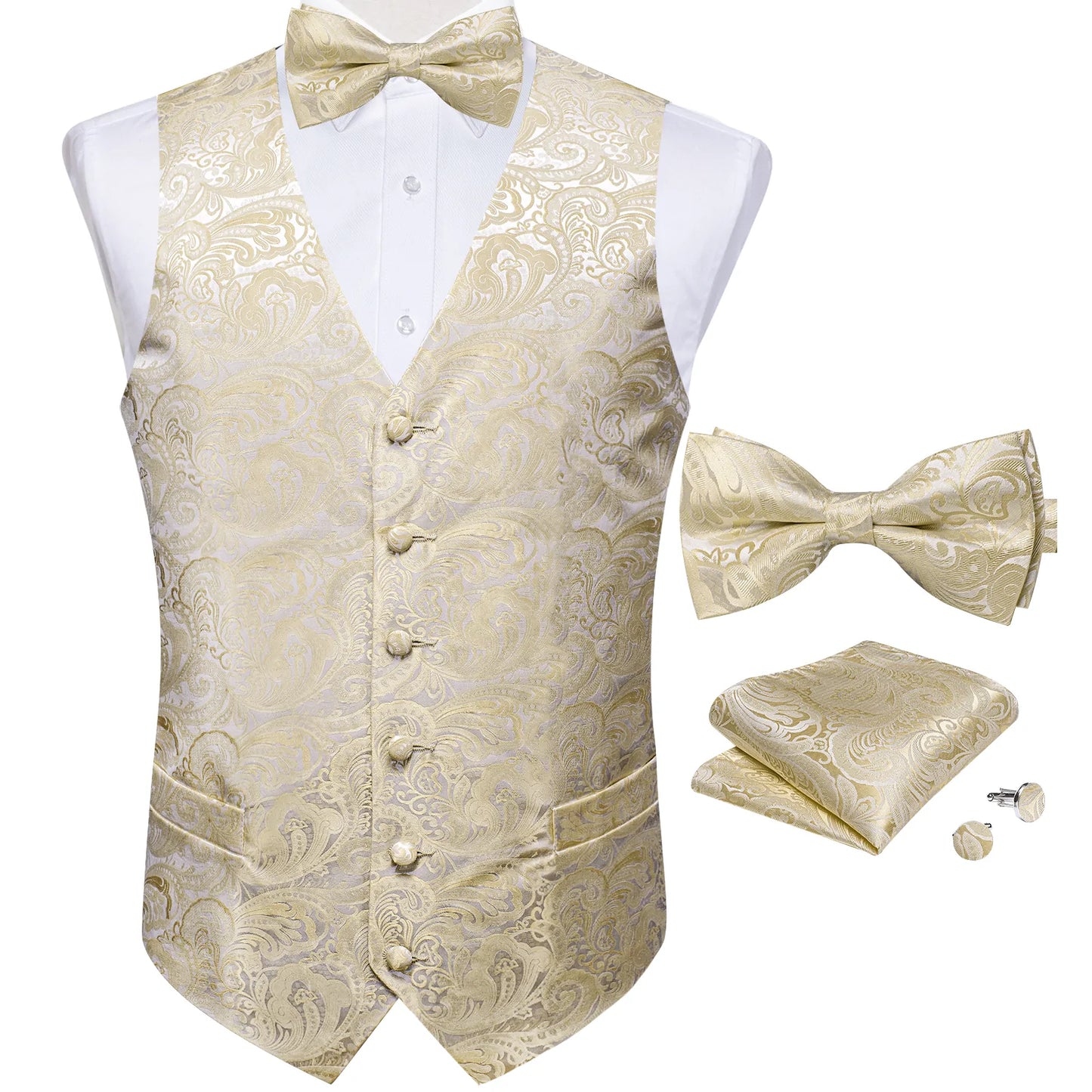 Champagne Floral Silk Bow Tie Set and Vest