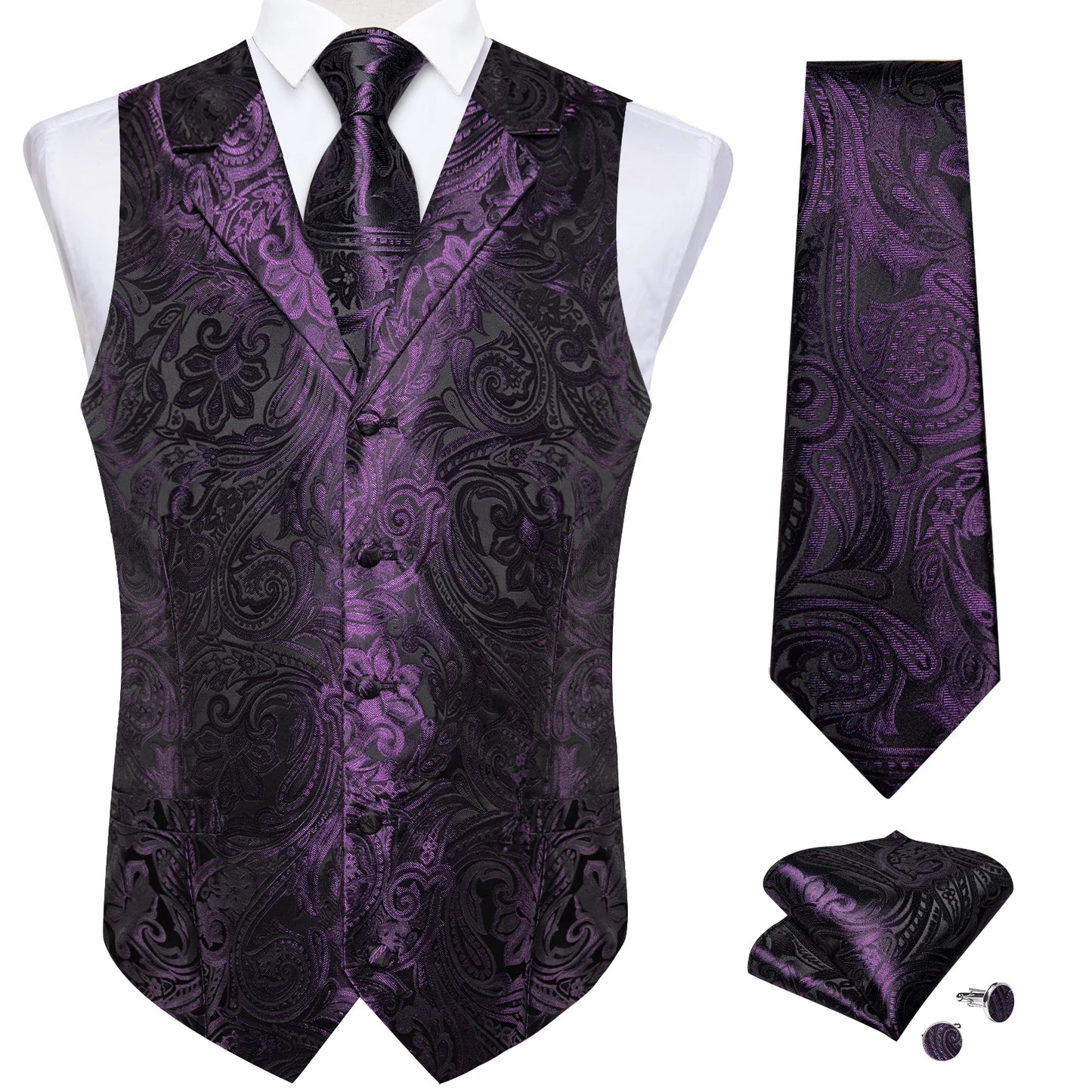 Luxury Purple Floral In Black Vest Set